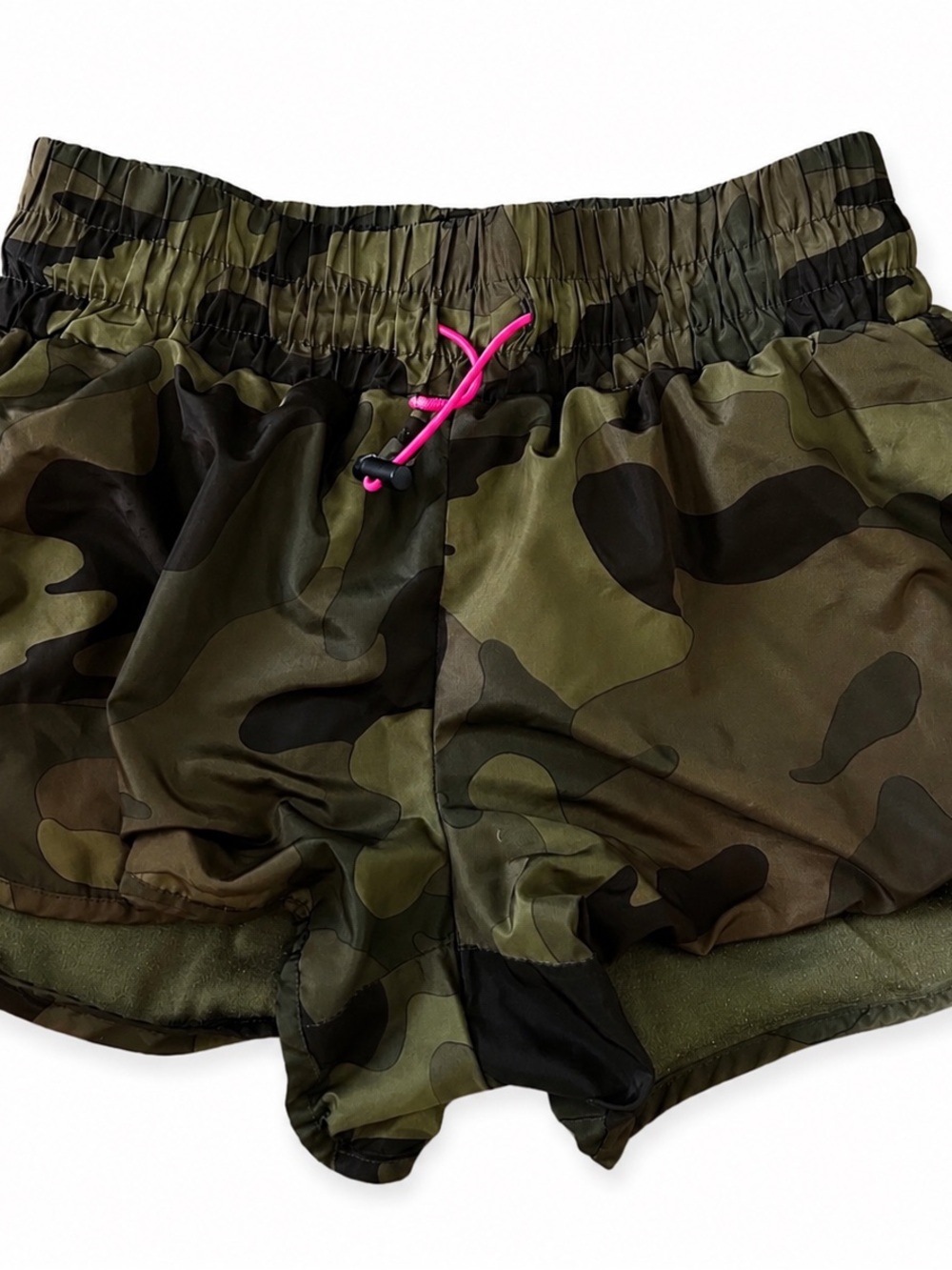 Forever 21 Olive Camo Athletic Shorts with Hot Pink Drawcord